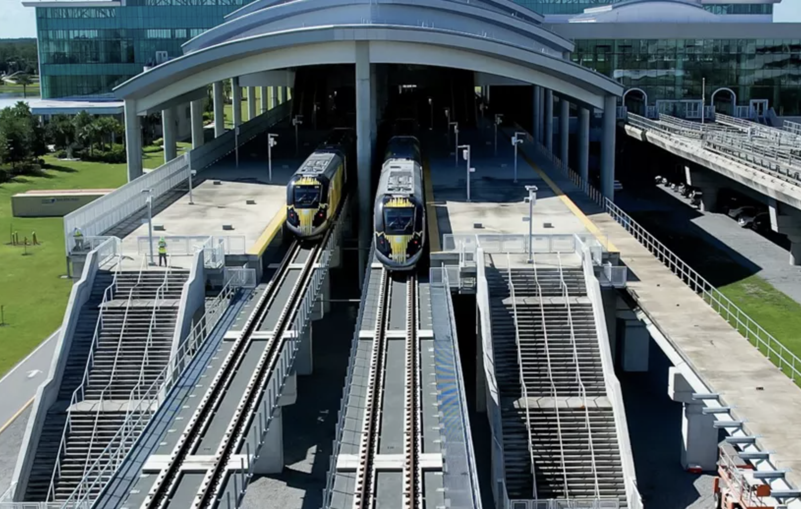 Brightline and JetBlue team to “enhance connectivity and convenience” for customers traveling on combined itineraries through Central and South Florida. (Brightline Photograph of Orlando Station, located at Orlando International Airport)